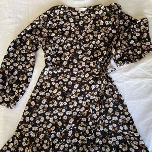 All in Favor Black Floral Wrap Long Sleeve Dress